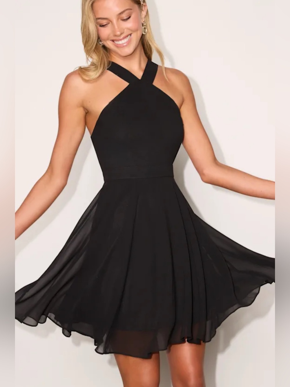 Lulus Forevermore Black Halter Skater Dress S